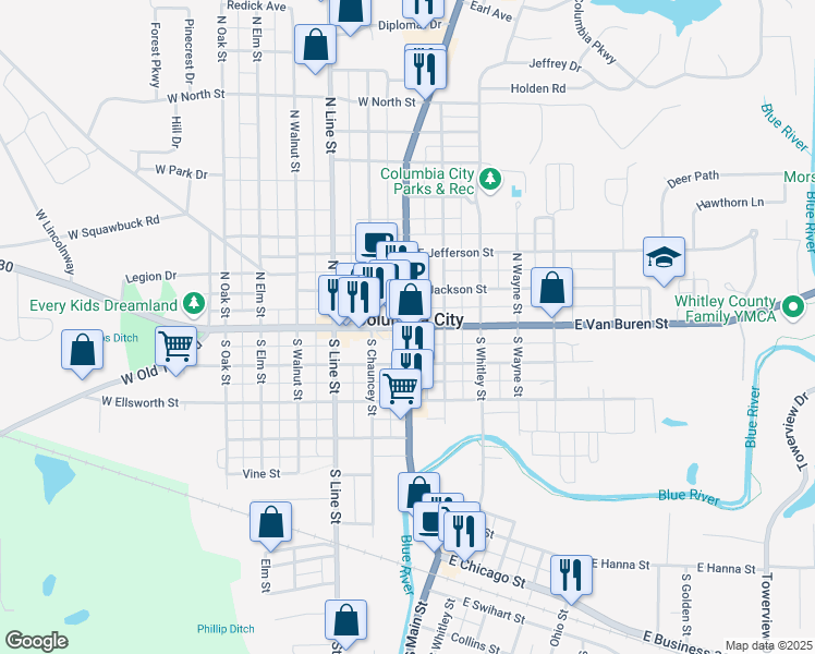 map of restaurants, bars, coffee shops, grocery stores, and more near East Van Buren Street in Columbia City