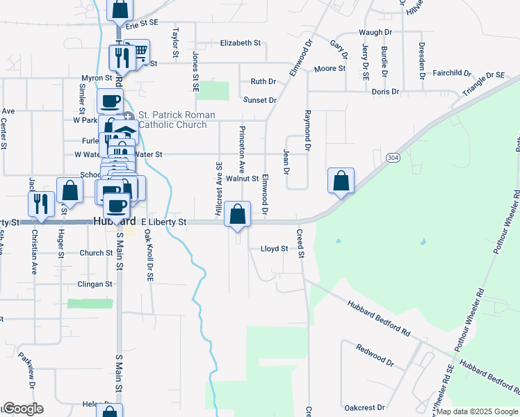 map of restaurants, bars, coffee shops, grocery stores, and more near 28 Elmwood Drive in Hubbard