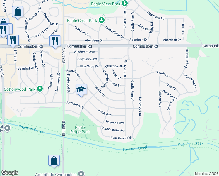 map of restaurants, bars, coffee shops, grocery stores, and more near 2106 Dana Lane in Papillion