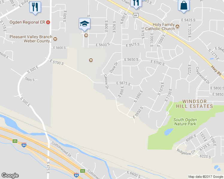 map of restaurants, bars, coffee shops, grocery stores, and more near 5878 Cassie Drive in South Ogden
