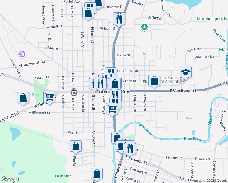 map of restaurants, bars, coffee shops, grocery stores, and more near 718 North State Road 9 in Columbia City