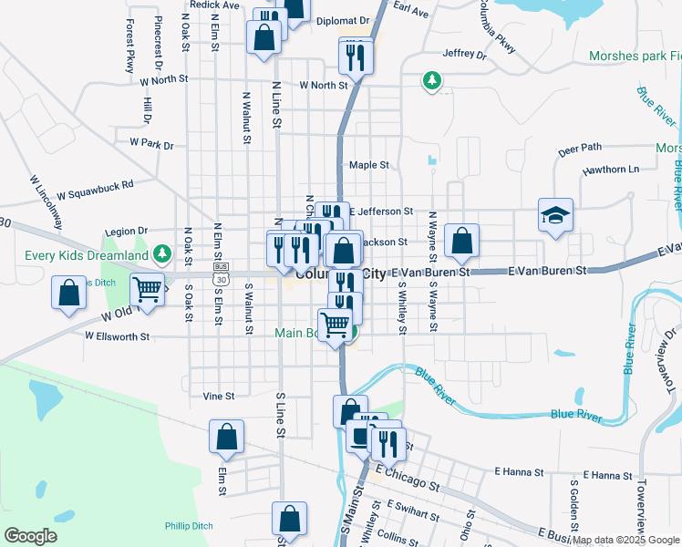 map of restaurants, bars, coffee shops, grocery stores, and more near in Columbia City