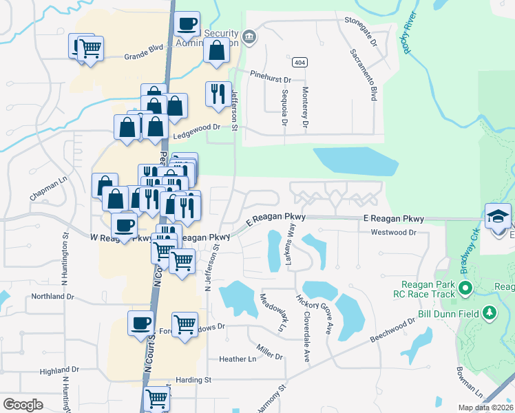 map of restaurants, bars, coffee shops, grocery stores, and more near 28 North Jefferson Street in Medina