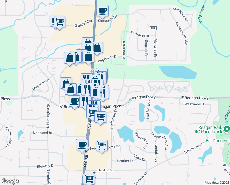 map of restaurants, bars, coffee shops, grocery stores, and more near 1151 North Jefferson Street in Medina