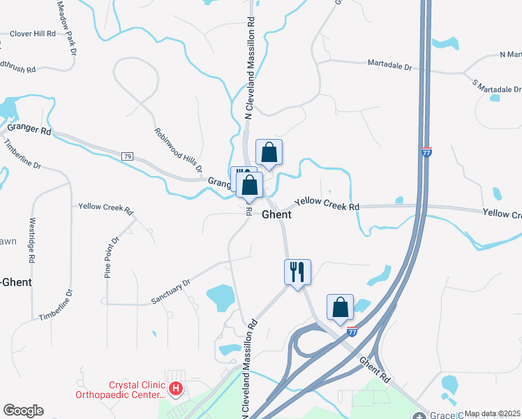 map of restaurants, bars, coffee shops, grocery stores, and more near 3653 Yellow Creek Road in Akron