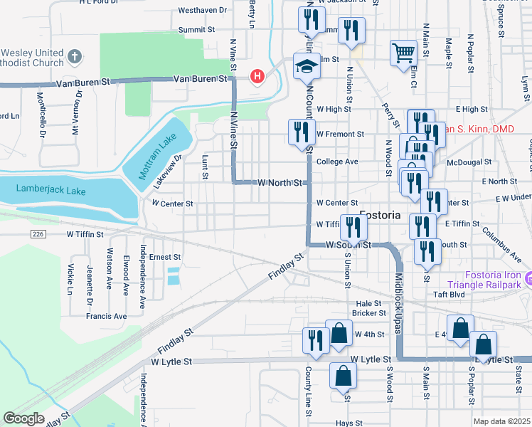 map of restaurants, bars, coffee shops, grocery stores, and more near 107 South Grant Street in Fostoria