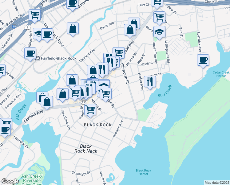 map of restaurants, bars, coffee shops, grocery stores, and more near 64 Nash Lane in Bridgeport