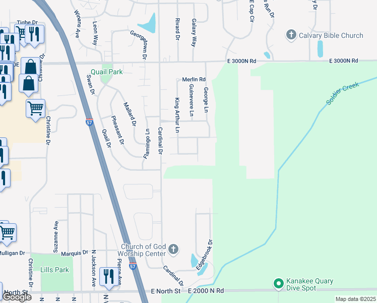 map of restaurants, bars, coffee shops, grocery stores, and more near 1544 Lady Brunetta Road in Bourbonnais