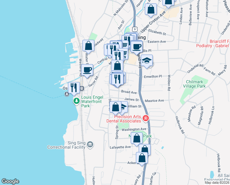 map of restaurants, bars, coffee shops, grocery stores, and more near 10 Broad Avenue in Ossining