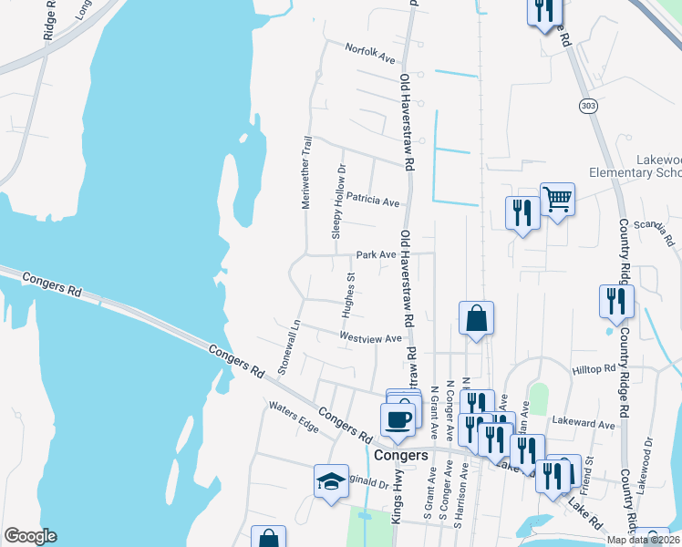 map of restaurants, bars, coffee shops, grocery stores, and more near 12 Oak Road in Congers