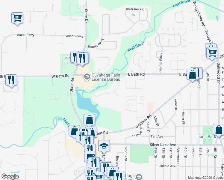 map of restaurants, bars, coffee shops, grocery stores, and more near 3199 Old Mill Dr in Cuyahoga Falls