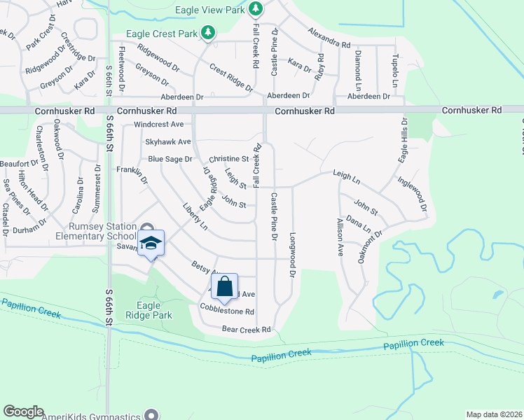 map of restaurants, bars, coffee shops, grocery stores, and more near 302 Castle Pine Drive in Papillion