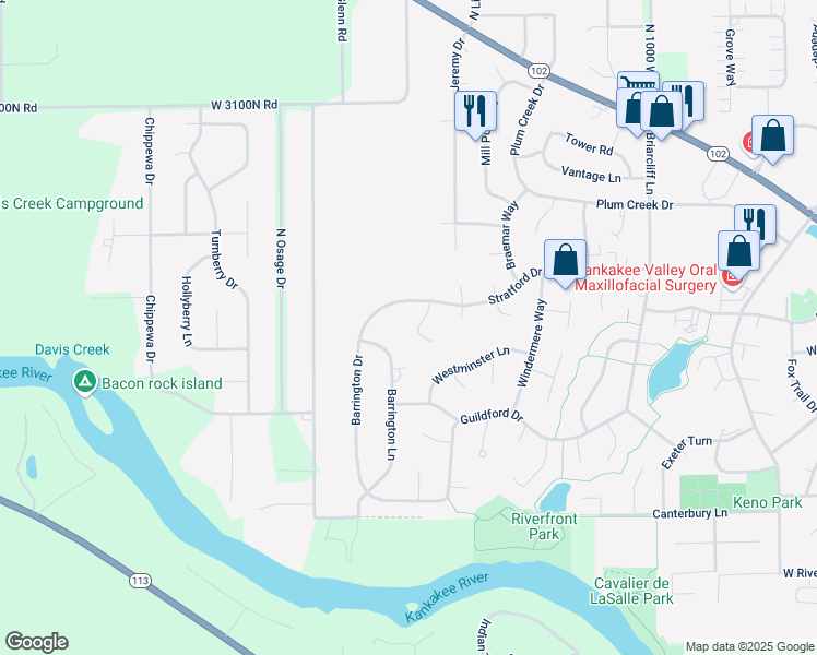 map of restaurants, bars, coffee shops, grocery stores, and more near 355 Berkshire Court in Bourbonnais