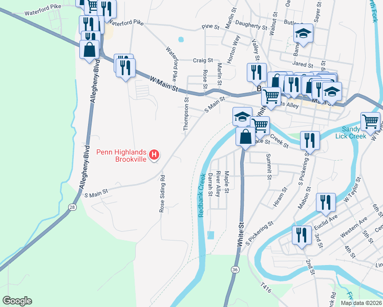 map of restaurants, bars, coffee shops, grocery stores, and more near 41 South Main Street in Brookville