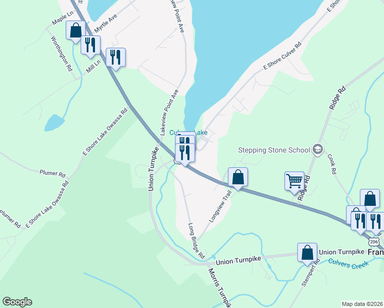 map of restaurants, bars, coffee shops, grocery stores, and more near 15 E Shore Culver Rd in Branchville