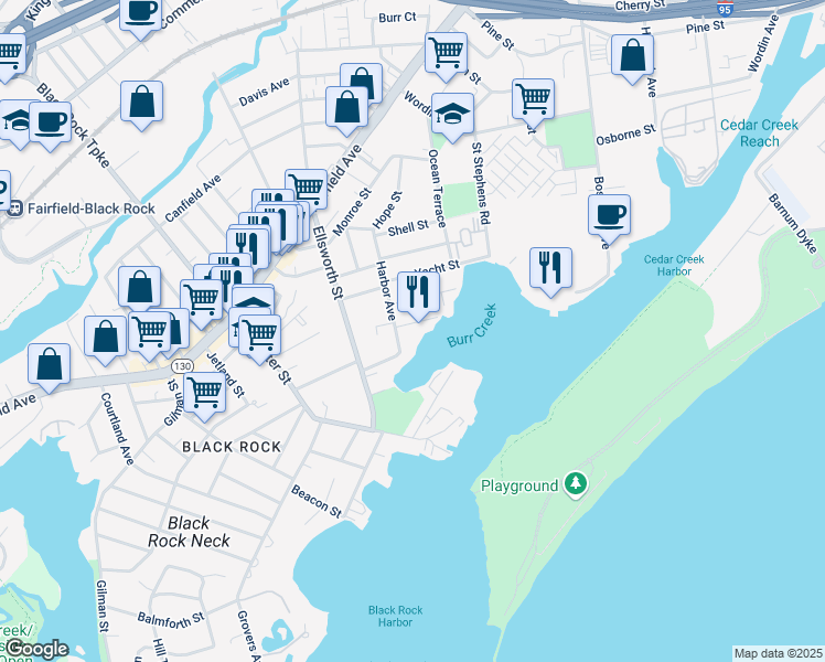 map of restaurants, bars, coffee shops, grocery stores, and more near 105 Ferris Street in Bridgeport