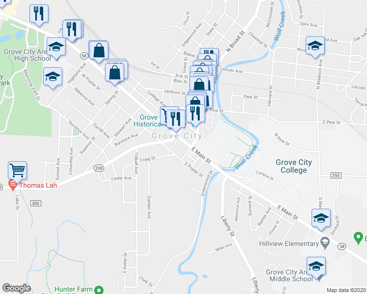 map of restaurants, bars, coffee shops, grocery stores, and more near 114 West Main Street in Grove City