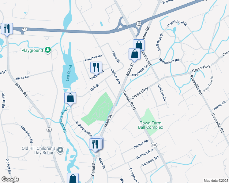 map of restaurants, bars, coffee shops, grocery stores, and more near 12 Maplewood Avenue in Westport