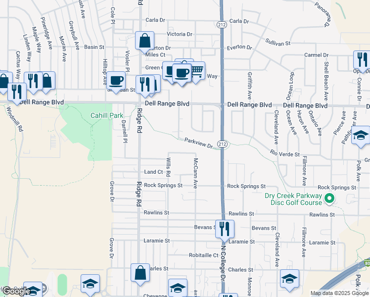 map of restaurants, bars, coffee shops, grocery stores, and more near 3616 Woodhaven Drive in Cheyenne