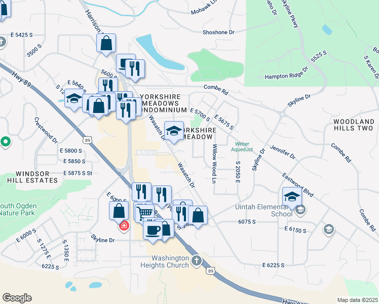 map of restaurants, bars, coffee shops, grocery stores, and more near 5833 South 1900 East Street in South Ogden