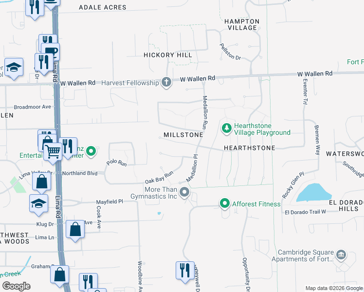 map of restaurants, bars, coffee shops, grocery stores, and more near 935 Fox Orchard Run in Fort Wayne