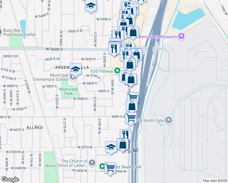 map of restaurants, bars, coffee shops, grocery stores, and more near 5837 South 1900 West in Roy