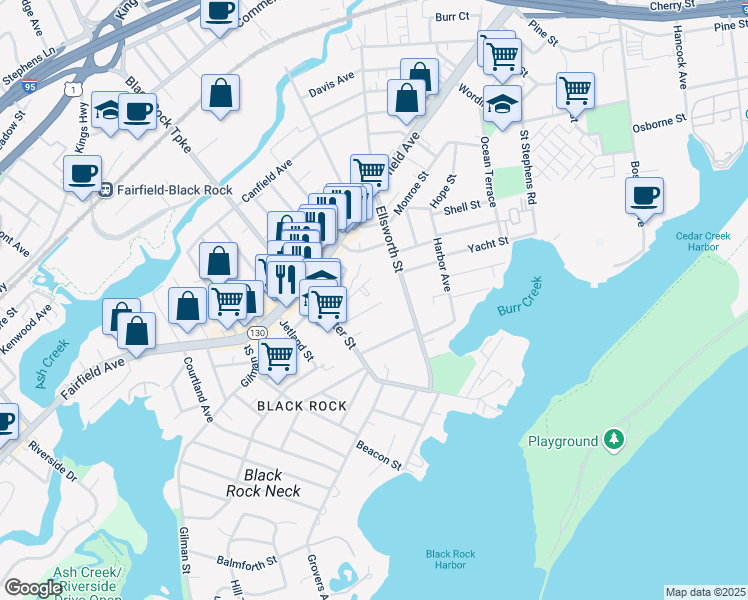 map of restaurants, bars, coffee shops, grocery stores, and more near 64 Nash Lane in Bridgeport