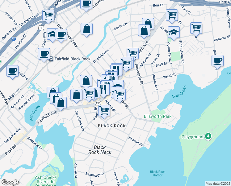 map of restaurants, bars, coffee shops, grocery stores, and more near 568 Brewster Street in Bridgeport