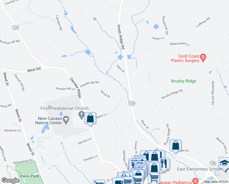 map of restaurants, bars, coffee shops, grocery stores, and more near 76 Parade Hill Road in New Canaan