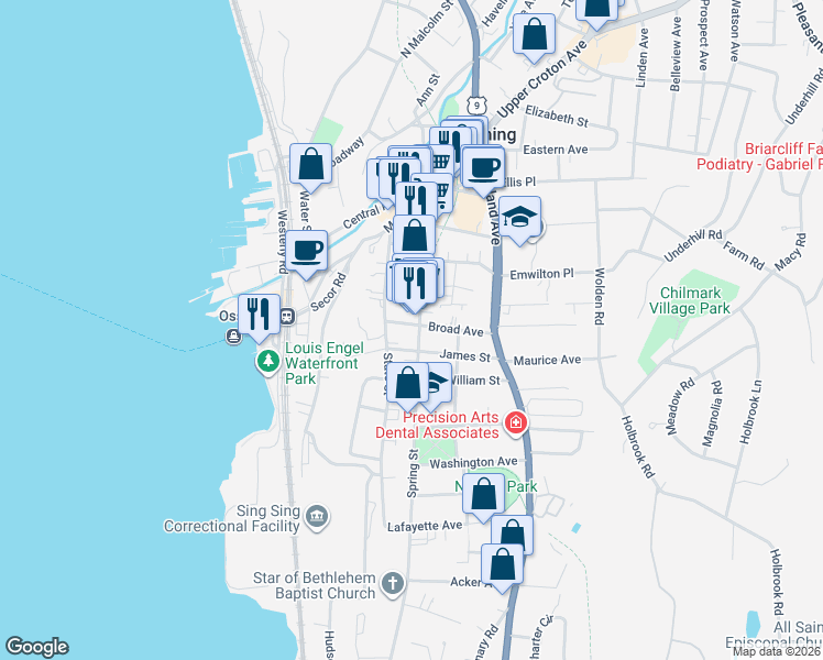 map of restaurants, bars, coffee shops, grocery stores, and more near 14 Broad Avenue in Ossining