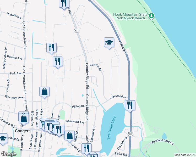 map of restaurants, bars, coffee shops, grocery stores, and more near 192 New York 303 in Congers