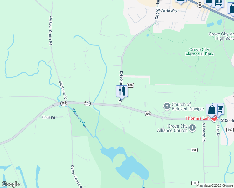 map of restaurants, bars, coffee shops, grocery stores, and more near 15 George Junior Road in Grove City