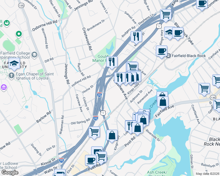 map of restaurants, bars, coffee shops, grocery stores, and more near 19 Westbourne Road in Fairfield