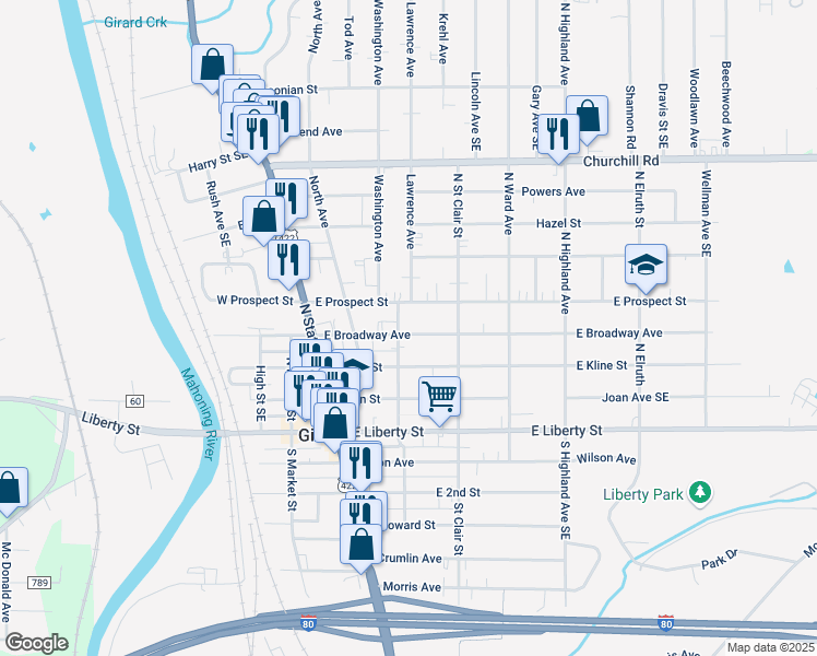 map of restaurants, bars, coffee shops, grocery stores, and more near 206 East Broadway Avenue in Girard