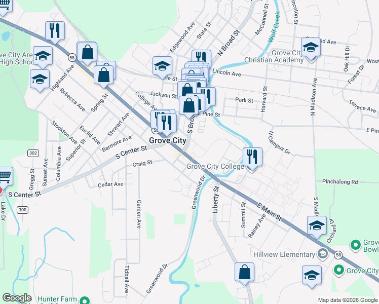map of restaurants, bars, coffee shops, grocery stores, and more near 119 East Main Street in Grove City