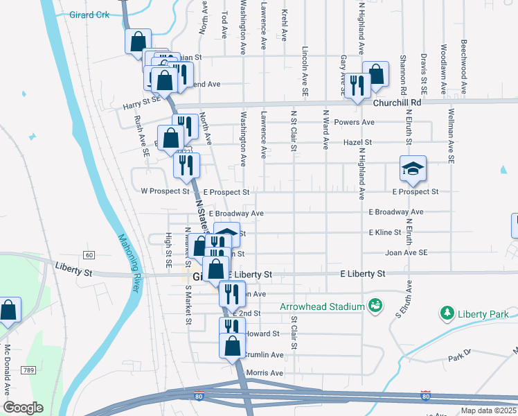 map of restaurants, bars, coffee shops, grocery stores, and more near 200 East Broadway Avenue in Youngstown