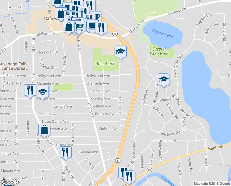 map of restaurants, bars, coffee shops, grocery stores, and more near 754 Roanoke Avenue in Cuyahoga Falls