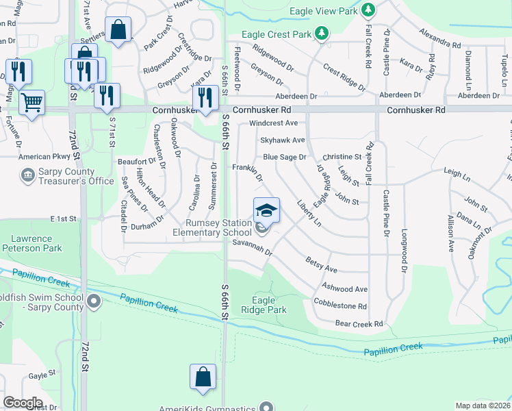 map of restaurants, bars, coffee shops, grocery stores, and more near 1810 Deerfield Way in Papillion