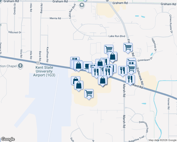 map of restaurants, bars, coffee shops, grocery stores, and more near 4240 Kent Road in Stow