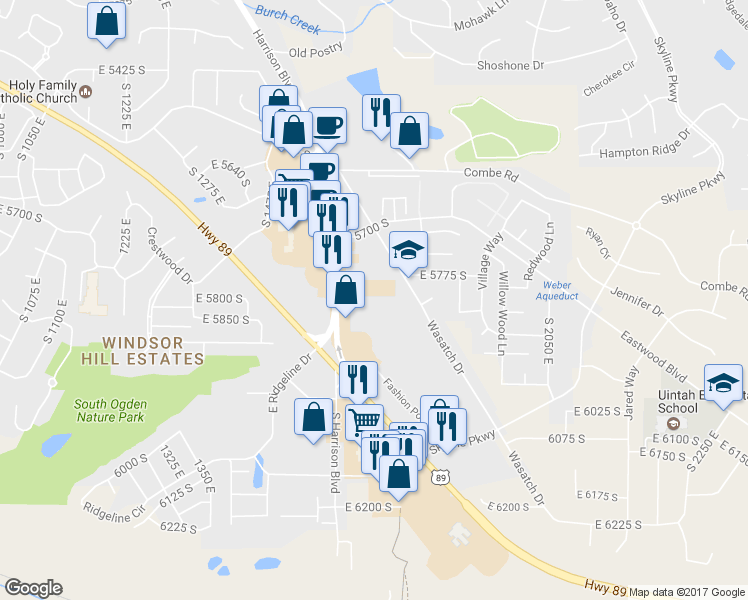 map of restaurants, bars, coffee shops, grocery stores, and more near 5828 Harrison Boulevard in South Ogden
