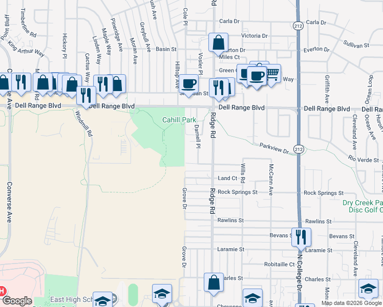 map of restaurants, bars, coffee shops, grocery stores, and more near 4220 Darnell Place in Cheyenne