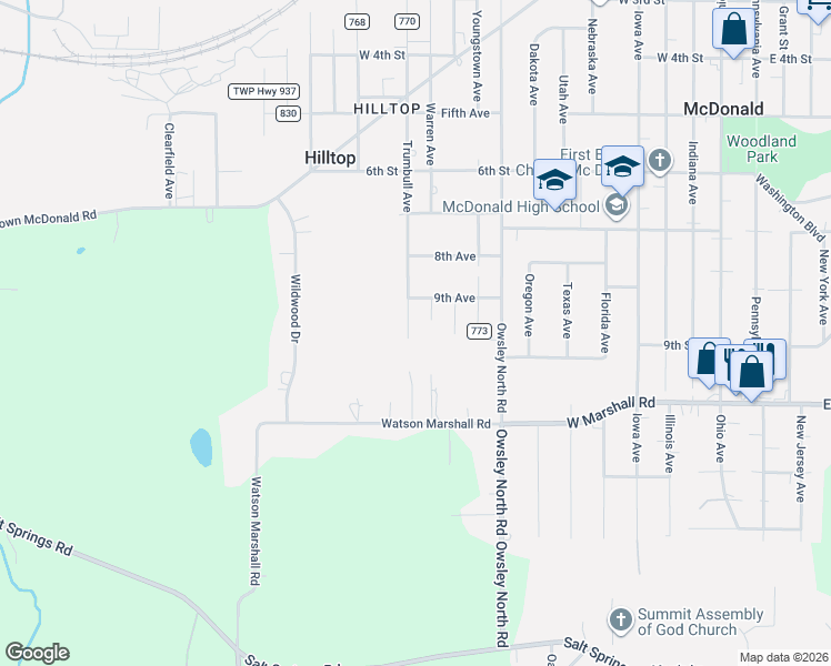 map of restaurants, bars, coffee shops, grocery stores, and more near 3177 Trumbull Avenue in McDonald