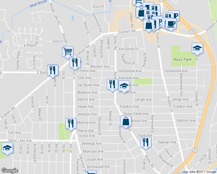 map of restaurants, bars, coffee shops, grocery stores, and more near 100 Van Buren Avenue in Cuyahoga Falls