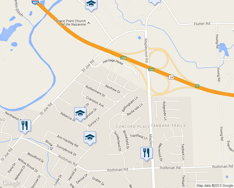 map of restaurants, bars, coffee shops, grocery stores, and more near 5606 Renfrew Dr in Fort Wayne