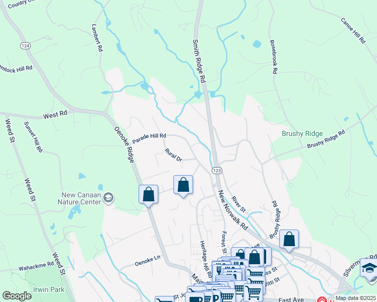 map of restaurants, bars, coffee shops, grocery stores, and more near 76 Parade Hill Road in New Canaan