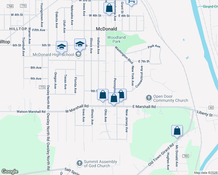 map of restaurants, bars, coffee shops, grocery stores, and more near 841 Ohio Ave in McDonald