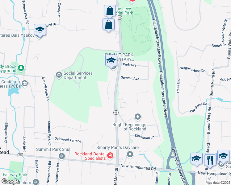 map of restaurants, bars, coffee shops, grocery stores, and more near 30 New York 45 in Spring Valley