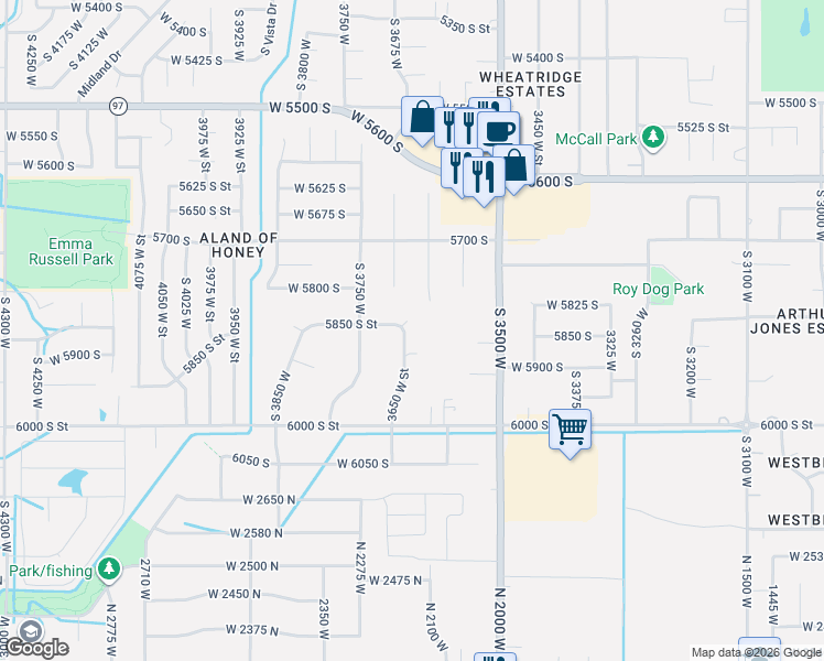 map of restaurants, bars, coffee shops, grocery stores, and more near 5888 3650 West Street in Roy