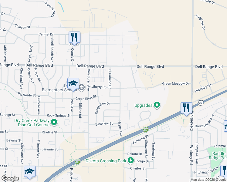 map of restaurants, bars, coffee shops, grocery stores, and more near 5423 Liberty Street in Cheyenne