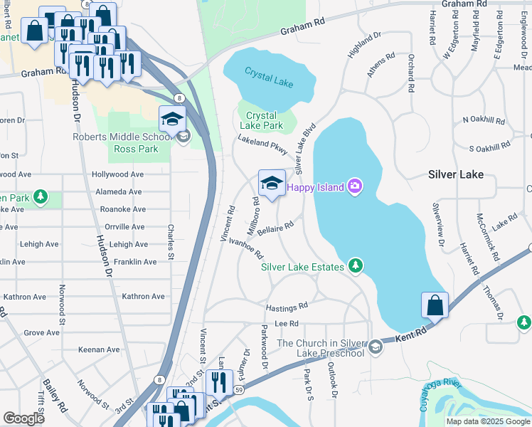 map of restaurants, bars, coffee shops, grocery stores, and more near 2970 Overlook Road in Silver Lake